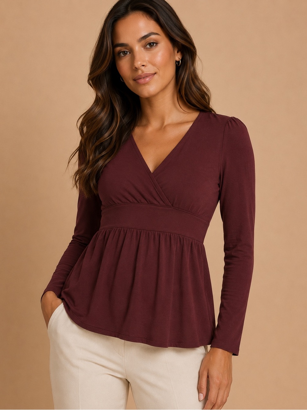 Tee Shop Burgundy Babydoll Empire Waist Top | Soft Stretch V-Neck Small